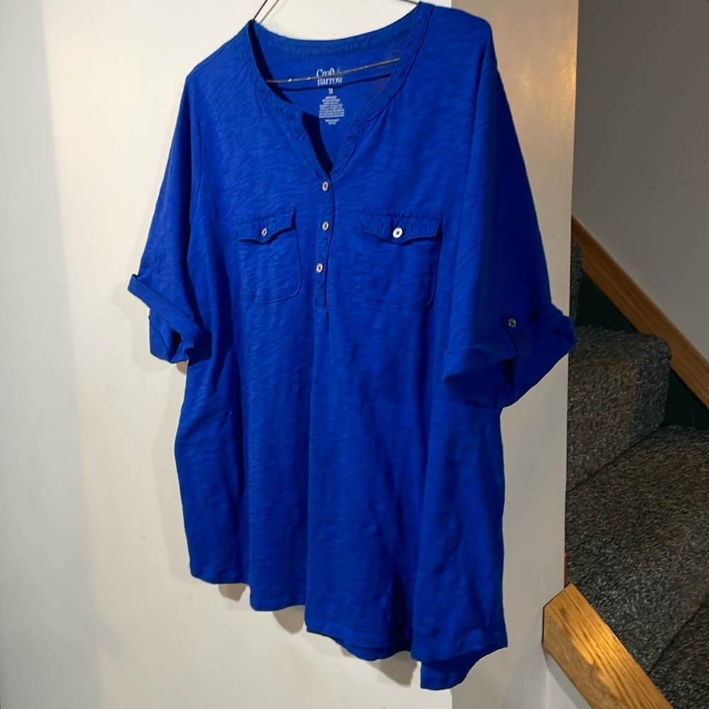 Blue Henley Top, Short Sleeve